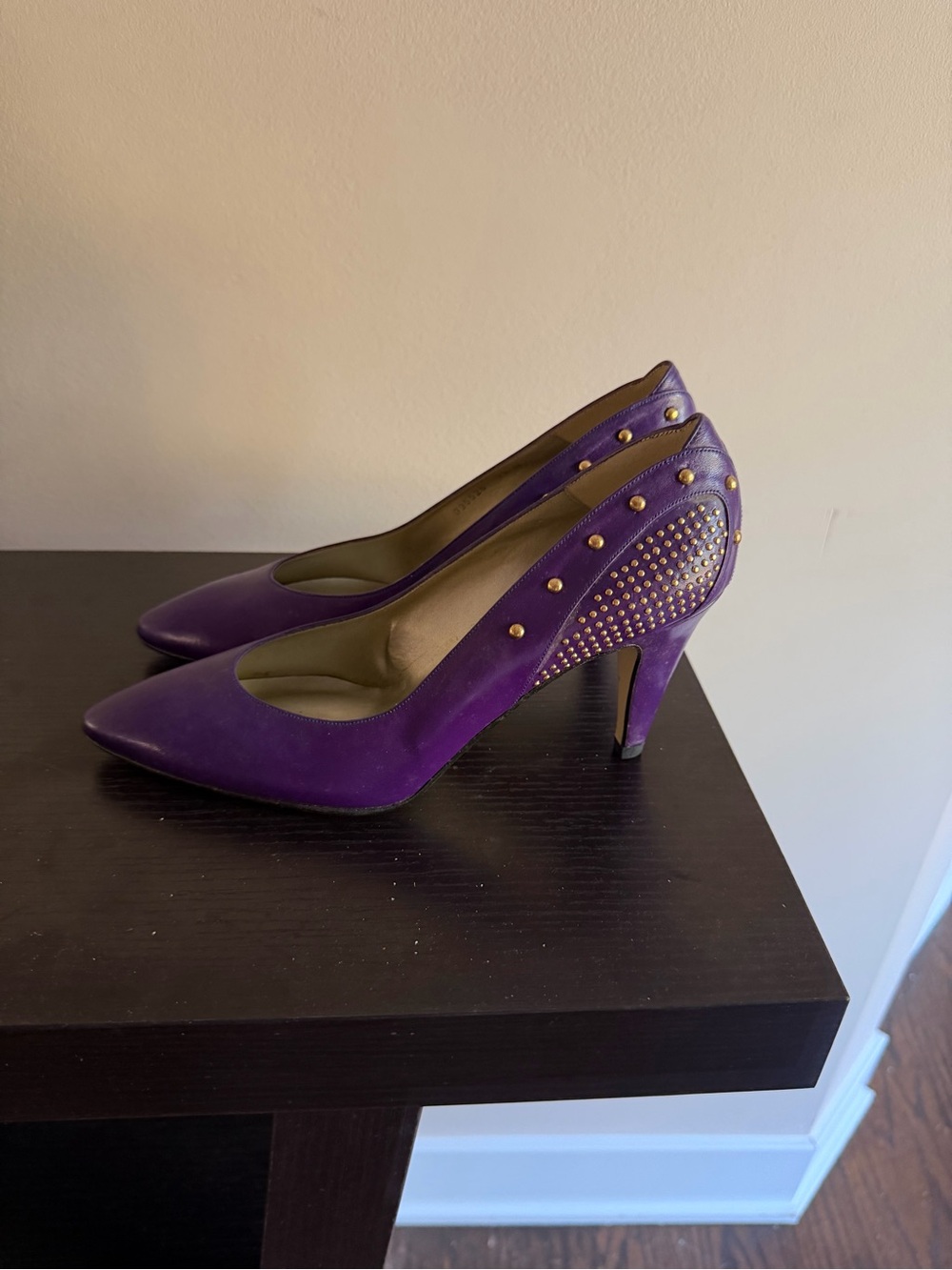 Proxy purple pointed-toe high heels with gold-tone stud embellishments